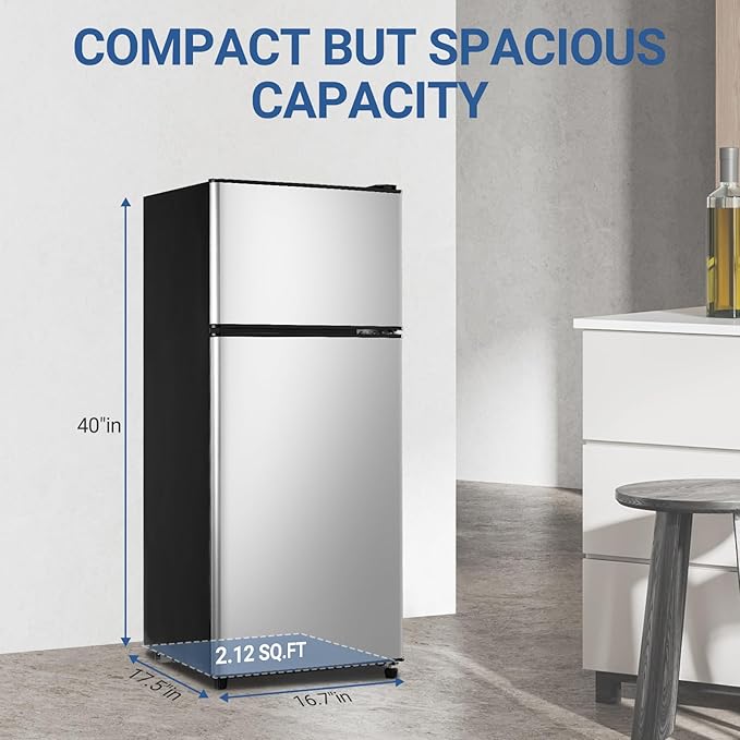 Mini Refrigerator with Freezer 4.0 Cu. Ft., Small Dorm Fridge with Freezer, Adjustable Thermostat Compact Fridge Freezers for Apartment, Dorm, Kitchen, Office, Silver