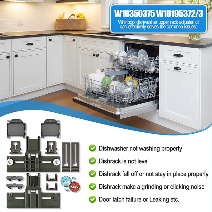 (12 Packs) Upgraded W10350375 Dishwasher Parts for Whirlpool Dishwasher Top Rack Parts WDT730PAHZ0 Upper Rack Parts With W10195372 W10195372 Dishwasher Adjuster Housing,For Kenmore Dishwasher Parts