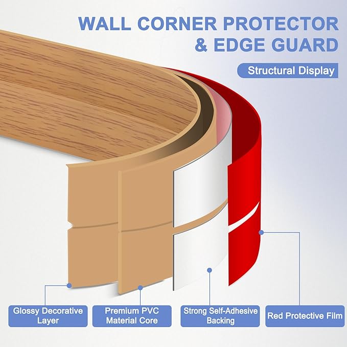 Wall Corner Protector Moulding Trim Peel and Stick Wall Corner Guards Trim Flexible Self Adhesive Edge Protector Moulding, 1.6 in x40 Ft, Light Brown Wood