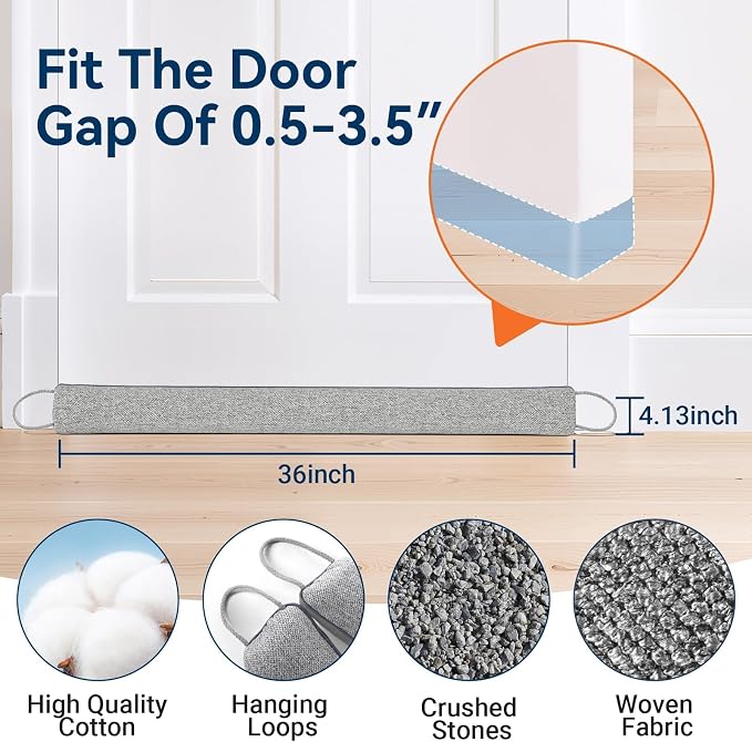 Door Draft Stopper, Heavy Under Door Draft Blocker, Light Grey | 36’’ Weighted - Image 3