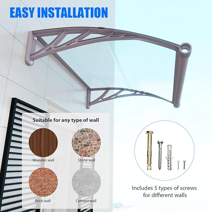 Awning for Door Entrance,40x60 Inches Awnings for Doors with Separate Drainage,Front Door Awning Exterior,Polycarbonate UV, Rain, and Snow Protection for Porch,Patio,Window,Deck
