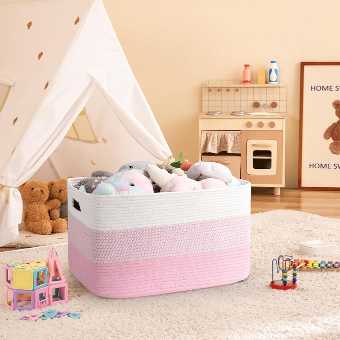 OIAHOMY Blanket Basket Laundry Basket Dog Toy Basket 75L Pink/White - Image 2
