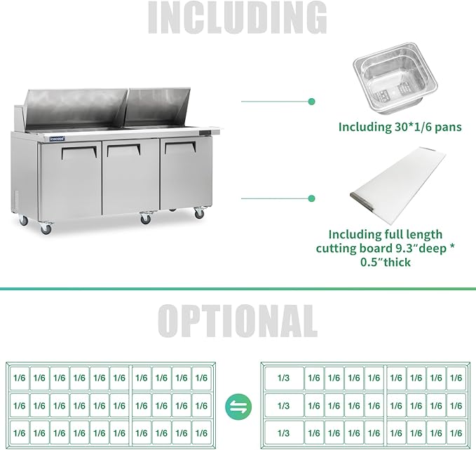 ICECASA 72" W Commercial Refrigerator Sandwich&Salad Prep Table Mega Top 3 Door Stainless Steel Counter Fan Cooling Refrigerator with 30 pans-72 Inches for Restaurant, Bar, Shop, etc
