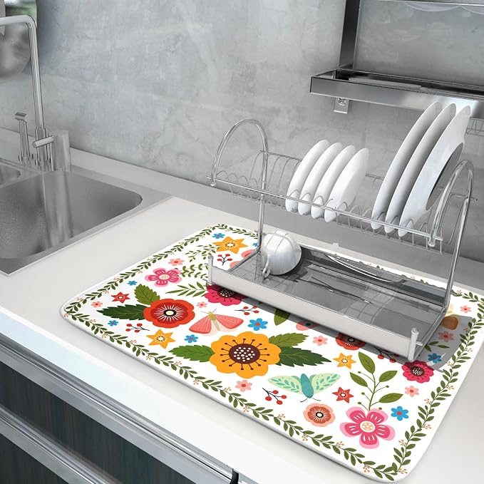 Colorful Boho Floral Dish Drying Mat 18x24 Inch Dishes Dry Pad Drainer Rack - Image 5