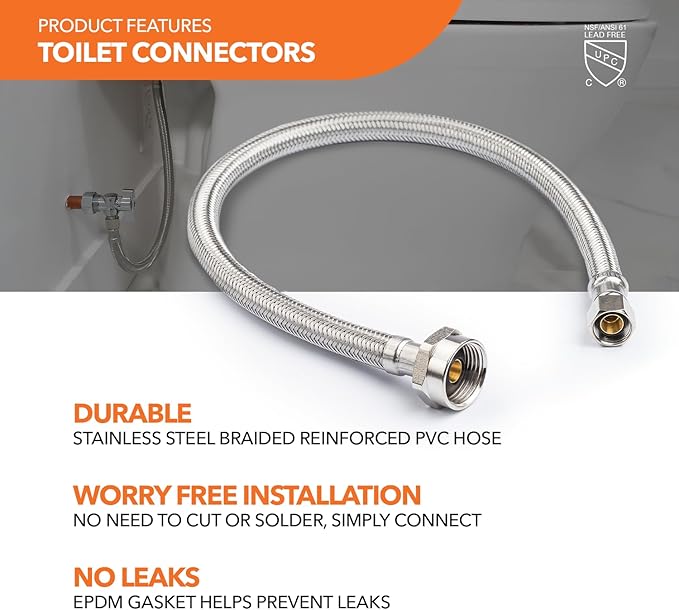 Stainless Steel Toilet Connection Kit - Braided Water Hose, 3/8" Compression x 7/8" Metal Ballcock, 12" Length (5Pack) + Supply Stop Valves, 5/8" x 3/8" Compression (5Pack)