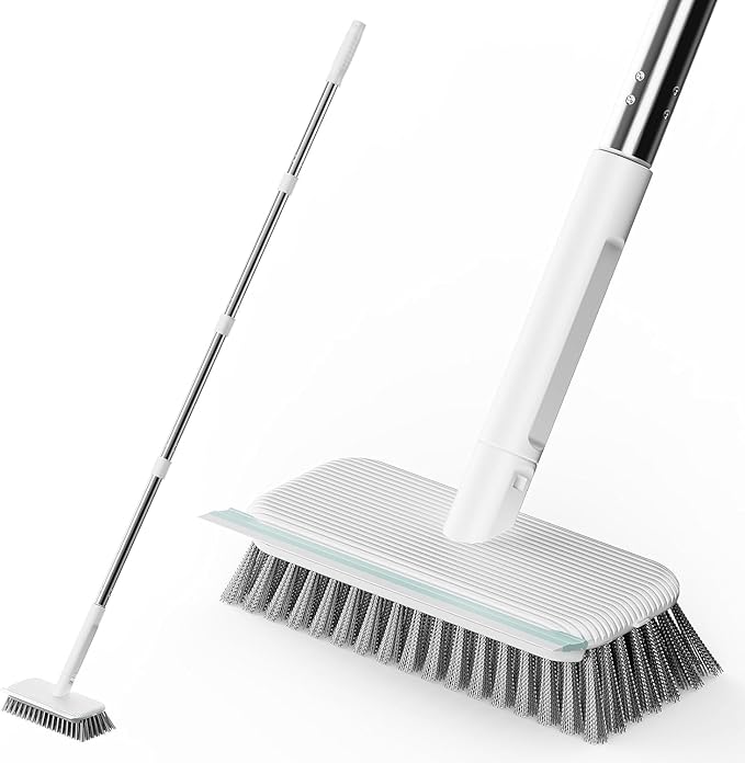 AIR U+ Concrete Scrub Brush, Long Handle, 7-Row Wire Bristles, Squeegee | by AIRU