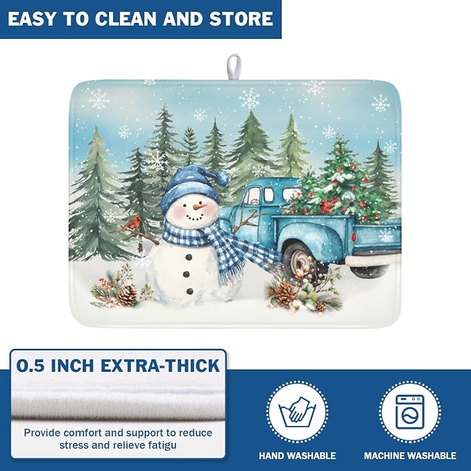Giwawa Winter Snowman Blue Dish Drying Mat Xmas Truck Dishes Pad 18"x24" - Image 5