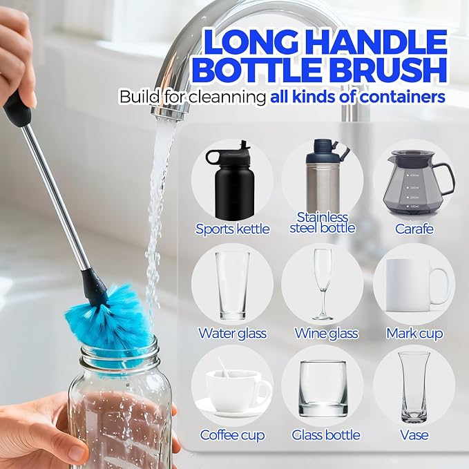 Holikme 4 Pack Bottle Brush 14.5" Long Handle Stainless Steel Brush, Straw - Image 2