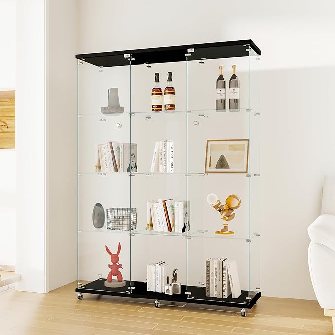 Yoluckea 4 Shelves Glass Display Cabinet Extra Large, Floor Standing Clear Glass Curio Cabinet Collection Display Case for Living Room Bedroom 66.14” x 47.64” x 14.57” Black