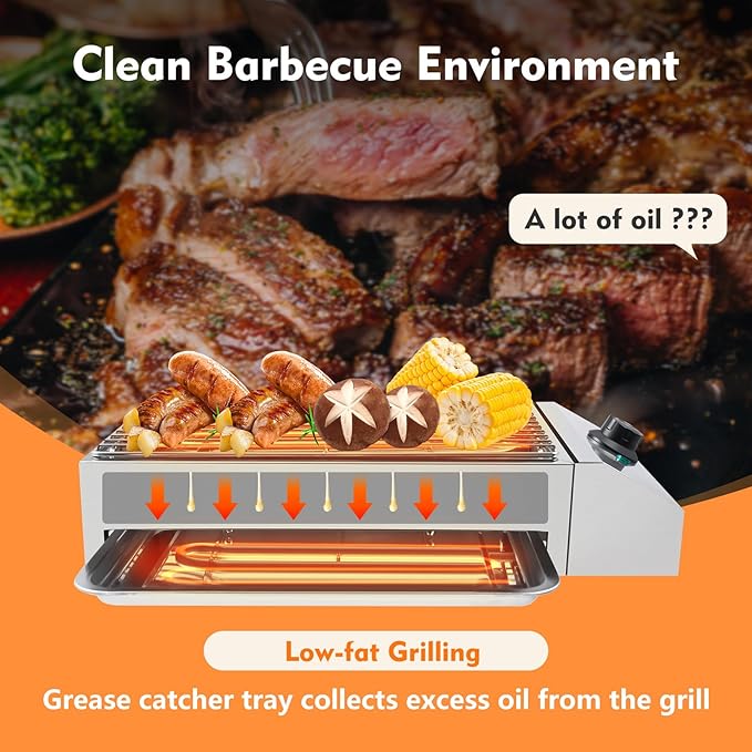 Electric Grill, 1800W Commercial Electric Countertop BBQ Grill with Adjustable Temperature Range & Practical Tray, Portable Non-Stick Barbecue Griddle Rack for Indoor Outdoor Picnic