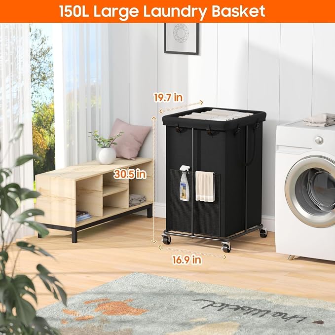 Laundry Hamper with Wheels, 150L Rolling Laundry Basket with Bag & Handles - Image 2