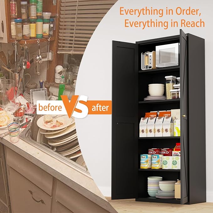 Food Pantry Cabinet, 71" Kitchen Pantry Storage Cabinets with Doors and Adjustable Shelves, Metal Hutch Cabinet with Storage for Kitchen, Living Room, Dining Room, Black