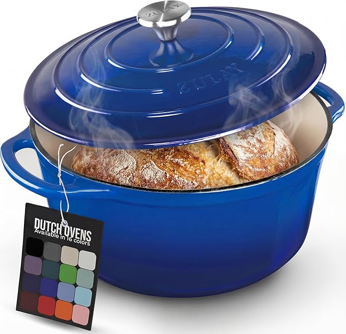 Zulay Kitchen 6 Quart Enameled Cast Iron Dutch Oven Pot with Lid – Premium Durability & Oven Safe up to 500°F – Heavy Duty Cookware Perfect for Bread Baking, Stews, Braising & Roasting – Blue