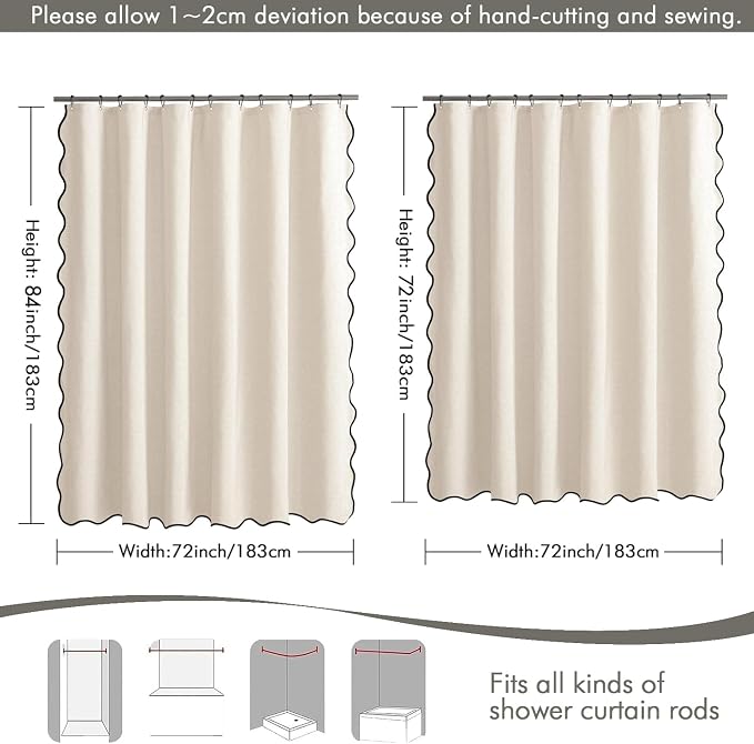 MIULEE 72"x84" Extra Long Scalloped Linen Shower Curtain Cream White - Image 6