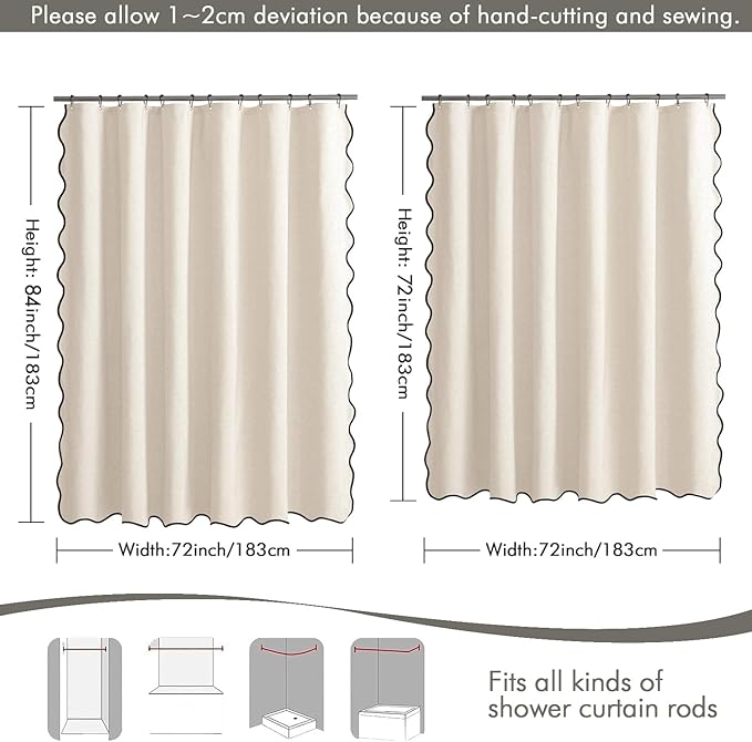 MIULEE Cream White Scalloped Linen Shower Curtain 72x72 Inches - Image 6