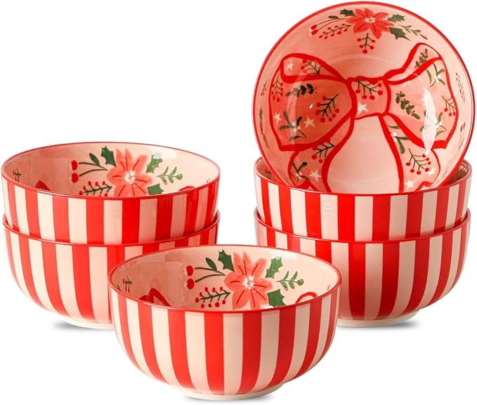 Ceramic Soup Bowls Set of 6,30 Ounce Stoneware Cereal Bowl,Porcelain Nesting Bowls for Oatmeal,Popcorn,Soup,Pasta,Fruit,Christmas Gift,Microwave & Dishwasher Safe,Christmas Bow