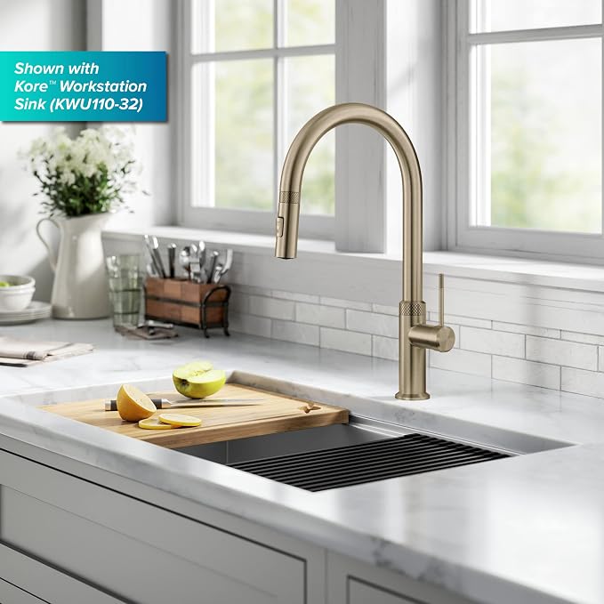 KRAUS Brushed Gold 17 in Pull Down Kitchen Faucet KPF-2654BG | Diamond-knurled - Image 13