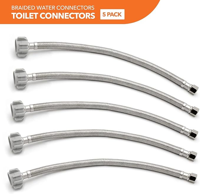 Stainless Steel Braided Water Connectors with Reinforced PVC Inner Hose for Toilets, 3/8" Compression x 7/8" Ballcock, 12" Length (5Pack)