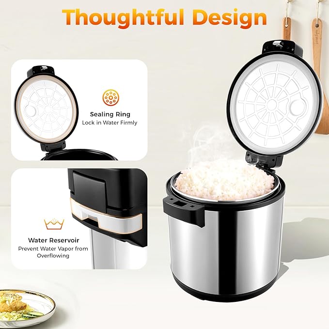 19L Commercial Rice Warmer, 110W Stainless Steel Commercial Grade Soup Kettle with Hinged Lid and Rice Scoop for Restaurant and Big Family, 154.4℉-161.6℉, 110V