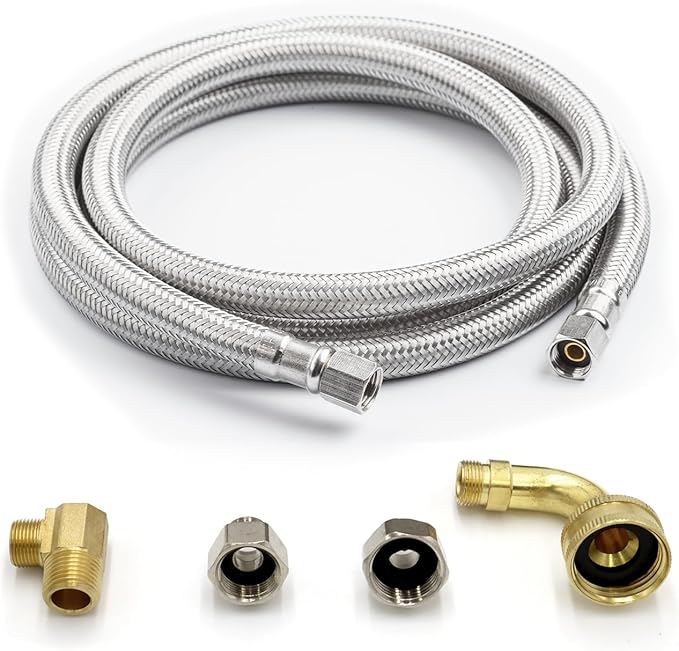 Universal Dishwasher Installation Kit, 3/8" Compression, 5ft long Braided Stainless Steel Hose + 3/4" Hose Bibb Elbow + 3/8" Compression Elbow & Compression Adaptor + 1/2" Compression Adaptor