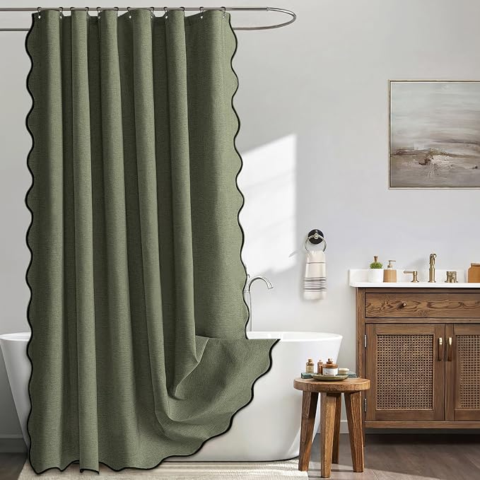 MIULEE 72"x84" Extra Long Scalloped Linen Shower Curtain Olive Green by MIULEE