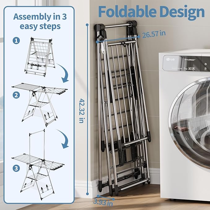 Clothes Drying Rack with High Hanger, 3-Level Drying Racks | Foldable Laundry - Image 2