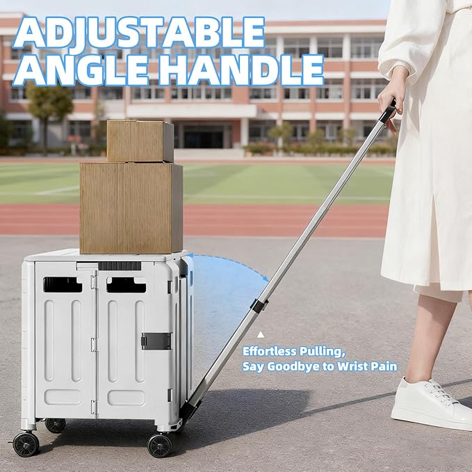 Folding Utility Cart (Gray), 4 360° Swivel Wheels Collapsible Rolling Crate with Lid, Heavy-Duty for Office/Home/Luggage, Teacher - Minimalist Style