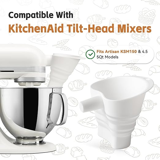 Flour Funnel for Kitchen Aid Mixer - Stand Mixer Attachment Accessory Compatible with (KSM150) 4.5-5 Qt Tilt-Head Mixers,Easy Pour Anti-Splash Baking Tool,for Egg Liquid and Both Flour -White