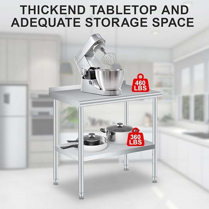 Stainless Steel Prep Table, 30 x 24 Inches, with Backsplash, Adjustable Undershelf, Commercial Heavy Duty Table with Adjustable Under Shelf for Outdoor Use,Restaurants,Hotels,Works