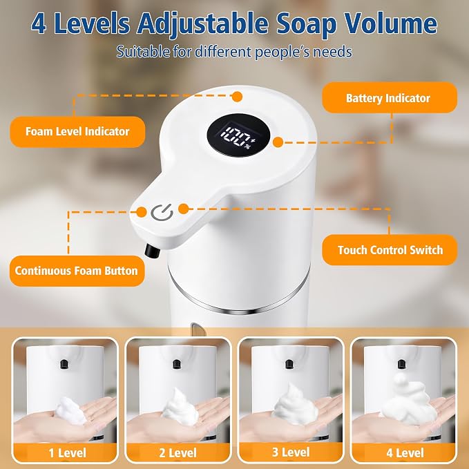 Automatic Foaming Soap Dispenser, 4 Adjustable Foam Levels, 11.8 oz Countertop - Image 6