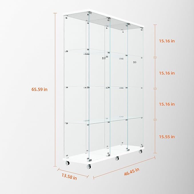 Yoluckea 4 Tiers Glass Display Cabinet Extra Large with Bluetooth LED Light Strip, 2 Doors Floor Standing Curio Cabinet with Universal Wheel for Home, White Glass Bookshelf for Collections, Wood Top
