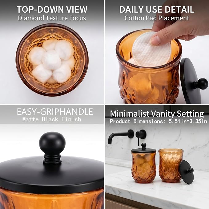 2 Pack 10Oz Amber Q-Tip Holder, Round Thick Glass - Image 3