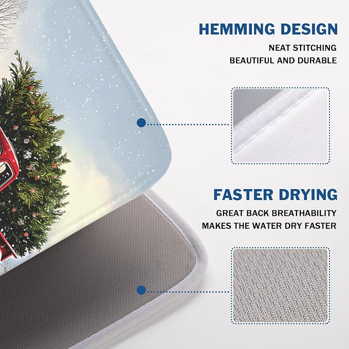 Giwawa Red Truck Dish Drying Mat Winter Xmas Tree Drainer Rack Pad 18"x24" - Image 4