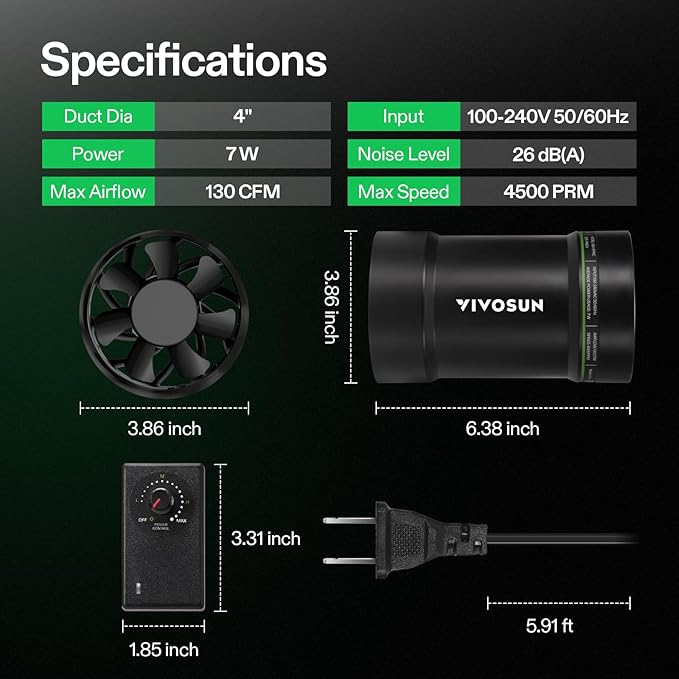 VIVOSUN 4” Inline Booster Duct Fan with Speed Regulator, 130 CFM Quiet Exhaust Fan for HVAC Ventilation in Grow Tents, Basements, Bathrooms, Kitchens, and Attics