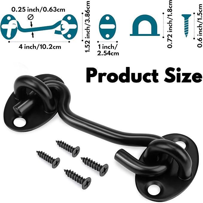2Pack 4" Hook and Eye Gate Door Latch w/Strong Sturdy Screws Black | Solid - Image 2