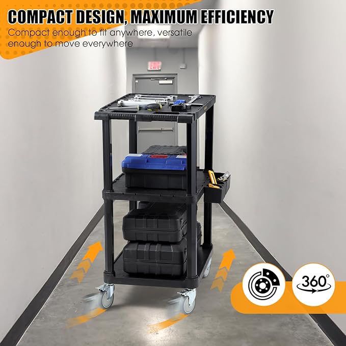 ELAFROS Heavy Duty Utility Cart, 27.5 x 18.25 Inch, 3-Tier Rolling Cart, Industrial Plastic, 330 lbs Capacity, Flat Top Shelves with Swivel Wheels - Multipurpose Work Cart