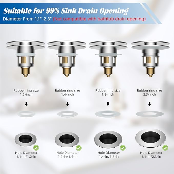 Hibbent All Metal 2 in 1 Bathroom Sink Stopper, Universal Pop Up Drain Strainer, Brass Bullet Core Push Type Sink Stopper for 1.1''~2.3'' Basin, Big Push Button, Anti Clogging Drain Filter, Chrome
