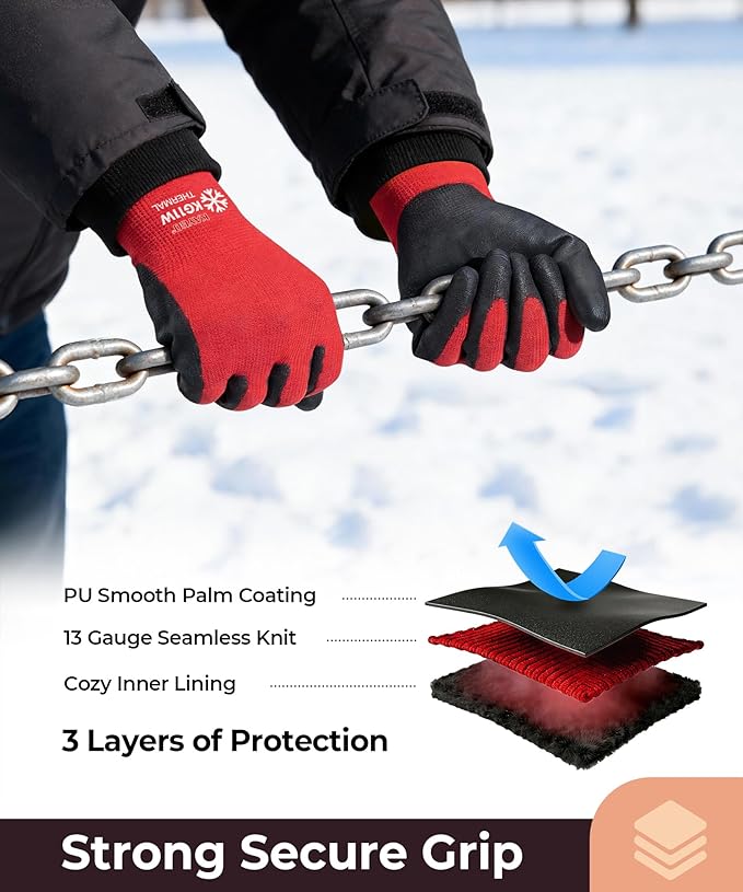 KAYGO Winter Work Gloves for Men and Women, 12 Pairs Thermal Insulated Safety Work Gloves PU Coated, Smooth Grip on Palm & Fingers,Ideal for Freezer Work,Red,XL