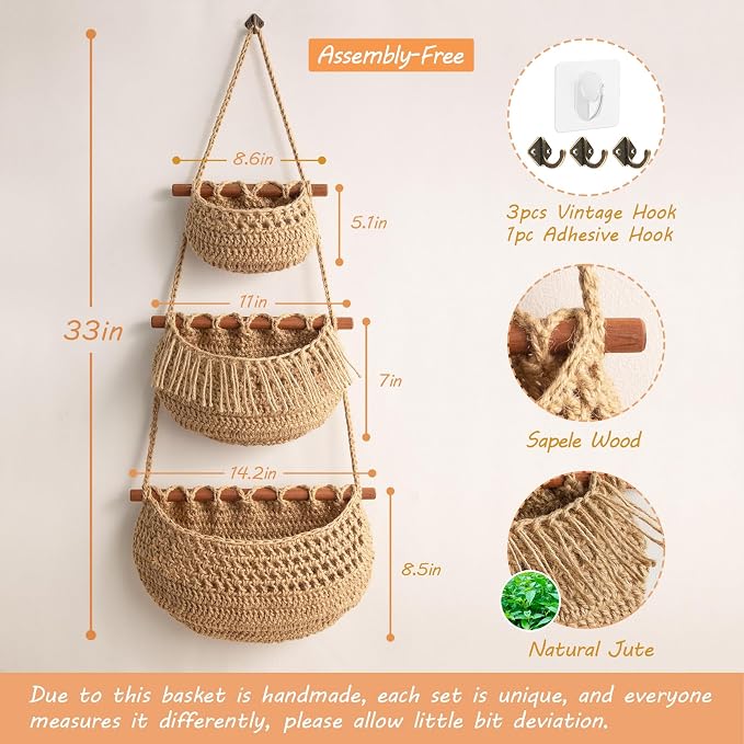 3 Tier Hanging Fruit Baskets for Kitchen, Handmade Jute Organizer - Image 6