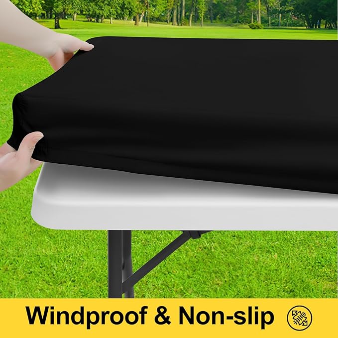 Smiry Picnic Table Cover with Bench Covers, Waterproof Elastic Fitted Polyester Tablecloths for 6 Ft Rectangle Tables, Washable Windproof Tablecloth for Camping, RV & Outdoor (Black, 30x72 Inches)