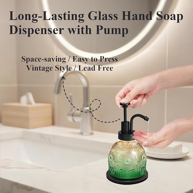 Amolliar 8 Oz Glass Soap Dispenser Plastic Black Pump, Vintage/Farmhouse/Boho - Image 4