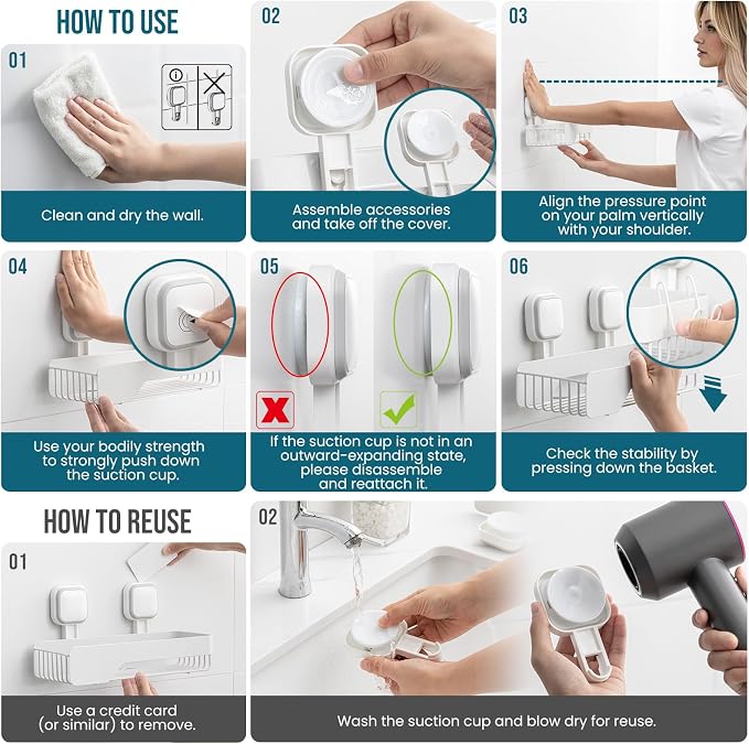 TAILI Shower Caddy Suction Cup Rustproof Metal Shower Shelves White 2pack - Image 5