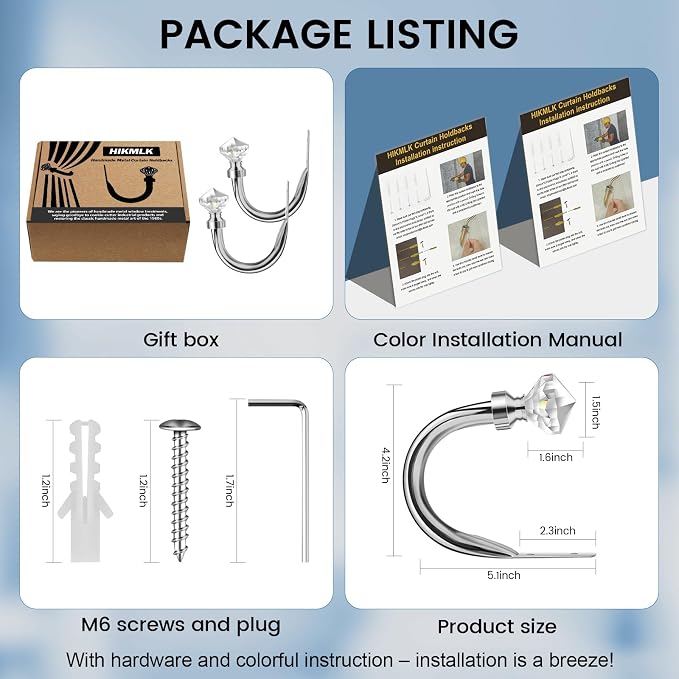 HIKMLK Crystal Curtain Holdbacks 2pcs, Metal Curtain Tieback Pull Back - Image 7