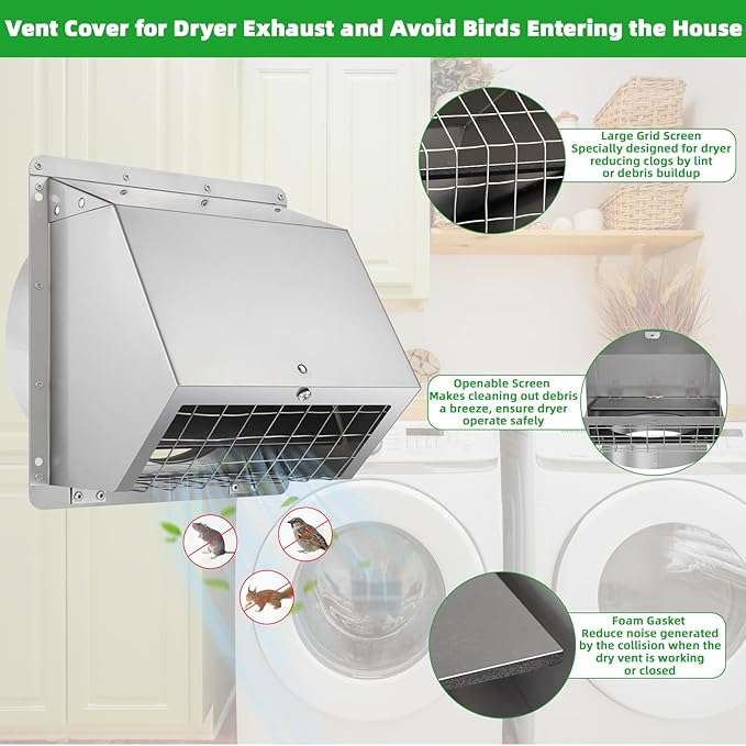 4" Dryer Vent Cover Outside,Stainless Steel Outdoor Dryer Vent Cover for 4 in Pipe,Exterior Wall Vent Cover Cap Dryer Exhaust Vent Cover Outlet for House/Range Hood,Dryer Vent Kit with Screen&Damper