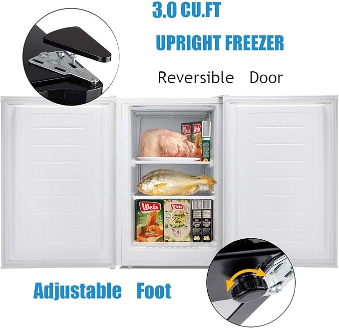Antarctic Star 3.0 Cu.Ft Upright Freezer, Compact Mini Freezer with Reversible Door, 7-Temp Control, Removable Shelves, Stainless Steel for Dorm, Home, Office, White
