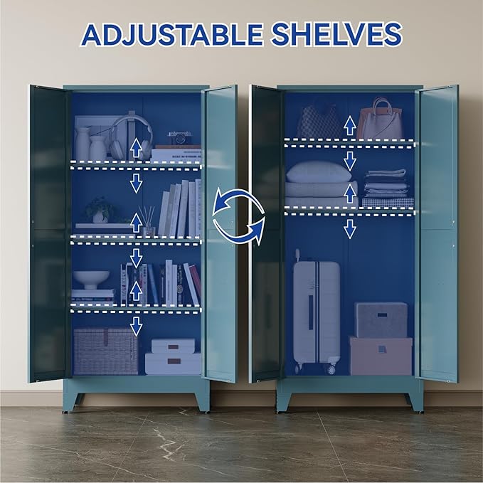 COFaR Metal Storage Cabinet, 61 in Tall Metal Cabinet with 3 Adjustable Shelves and Barn Doors, Farmhouse Cupboard Storage for Kitchen Pantry Garage, 4-Tier Peacock Blue