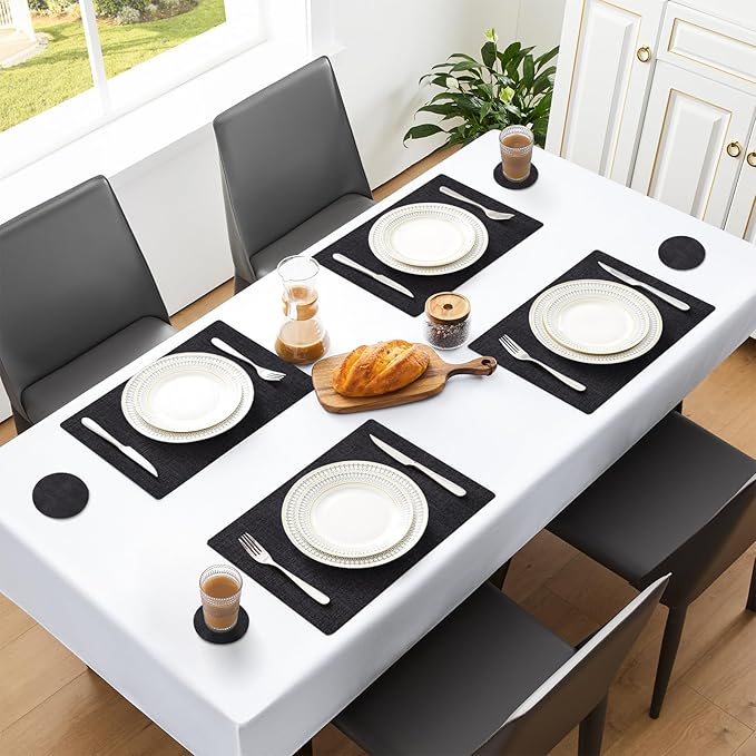 MOSAYT Faux Leather Placemats Set of 6, Heat Resistant Wipeable Washable Vinyl Place Mats with Coasters, Waterproof Oil Proof Table Mats for Kitchen Dining Party Indoor Outdoor, 12" x 18", Black