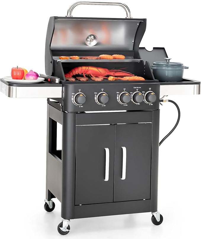 Captiva Designs 4-Burner Propane Gas BBQ Grill with Side Burner & Porcelain-Enameled Cast Iron Grates, 46,700 BTU Output for Outdoor Cooking Kitchen and Patio Backyard Barbecue, Black