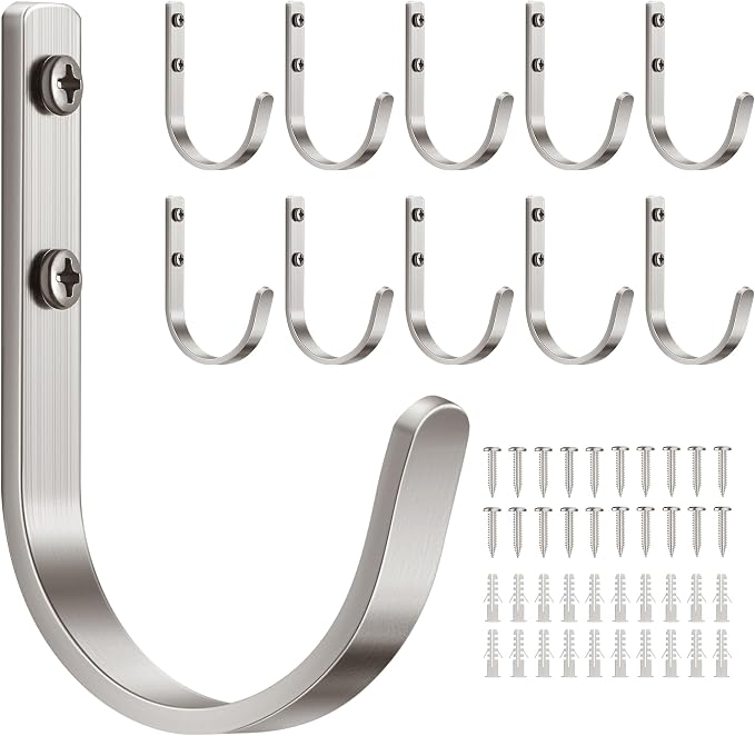 10-Pack 22LB Wall Hooks for Hanging Towel/Coat, Brushed Nickel | Screw in Metal by Josmimic