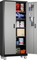 Aobabo Upgraded Garage Storage Cabinets with Wheels,Metal Storage Cabinets with 5 Adjustable Shelves for Garage Home Office Storage, Black&Dark Grey,71''H*32''W*16''D,Assembly Required